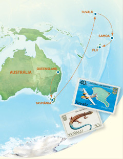 Um mapa mostrando a Austrália, a Tasmânia, Tuvalu, Samoa e Fiji