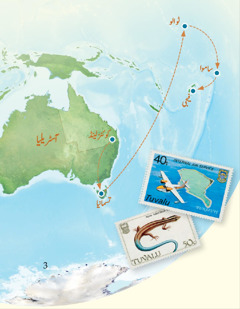 ایک نقشہ جس پر آسٹریلیا،‏ تسمانیا،‏ ٹوالو،‏ ساموا اور فیجی کو دِکھایا گیا ہے۔‏