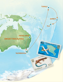 Awusttiraaliyaa, Tazimeniyaa, Tuvalu, Samoˈanne Fiji biittata bessiya karttaa