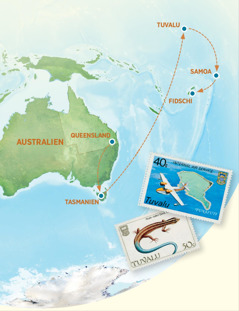 Eine Landkarte, auf der Australien, Tasmanien, Tuvalu, Samoa und Fidschi zu sehen sind
