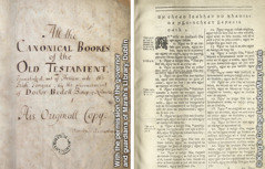 1. Tittelbladet i Bedells originale håndskrift; 2. Bedells bibel, trykt i 1685