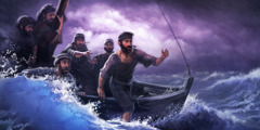 在风暴中，耶稣的门徒奋力地划船，彼得却下船，开始在水面上行走