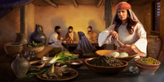 马大精心准备丰盛的食物，而马利亚听耶稣讲话