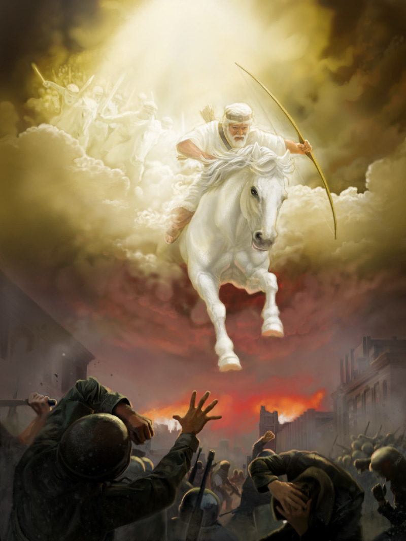 Jesus and his angels ride on white horses at Armageddon