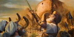 Kâhinler koç boynuzundan yapılmış boruları çalıyor, Yeşu savaş narası atıyor, Eriha’nın surları yıkılmaya başlıyor