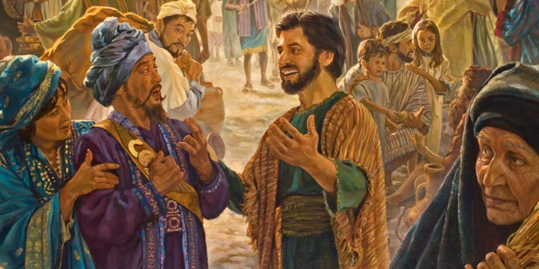 People converse on a crowded street in Jerusalem at Pentecost 33 C.E.