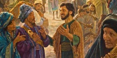 Mennesker som snakker sammen på en folksom gate i Jerusalem på pinsedagen i år 33 evt.