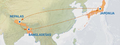 Žemėlapis, kuriame pavaizduota kelionė Iš Japonijos į Nepalą, Bangladešą ir atgal į Japoniją