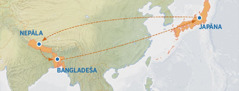 Karte, kurā atzīmēts ceļš no Japānas uz Nepālu, Bangladešu un atpakaļ uz Japānu