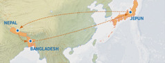 Peta yang menunjukkan perjalanan dari Jepun ke Nepal, Bangladesh, dan kembali ke Jepun