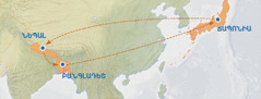 Քարտեզ, որի վրա նշված է ճանապարհորդության ուղղությունը՝ Ճապոնիա—Նեպալ—Բանգլադեշ—Ճապոնիա