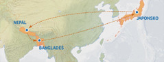 Mapa s vyznačenou cestou z Japonska do Nepálu, do Bangladéša a naspäť do Japonska