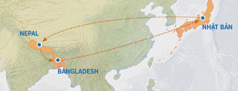 Một bản đồ cho thấy lộ trình từ Nhật Bản đến Nepal, Bangladesh và trở lại Nhật Bản