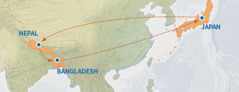 En karta som visar resrutten från Japan till Nepal och Bangladesh och sedan tillbaka till Japan.