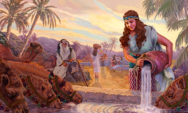 Rebeca dando água aos camelos do servo de Abraão