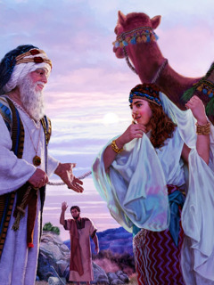 Rê-bê-ca lấy khăn che đầu để chuẳn bị gặp Y-sác