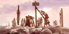 جسد عیسی را از روی تیر شکنجه پایین می‌آورند و شاگردانش از دور نظاره‌گر هستند