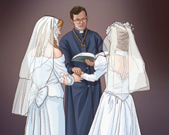 A clergyman performs a wedding ceremony for lesbians