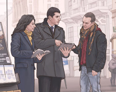 Јеховини сведоци поред сталка с литературом разговарају с једним човеком