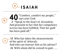 A Bible passage is highlighted to show how to identify a) the Bible book, b) the chapter, and c) the verse