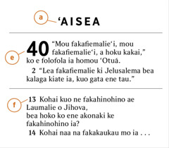 Ko ha konga Tohi Tapu ʻoku fakaʻilongaʻi ke hā ʻa e founga ke maʻu ai a) ʻa e konga Tohi Tapú, e) ʻa e vahé, mo e f) vēsí