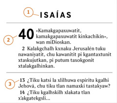 Akgtum texto xalak Biblia nema malankikanit xlakata namasiyakan la tlan tekgskan 1) libro, 2) capítulo chu 3) versículo