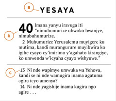 Amagambo yo muri Bibiliya yerekana uko wabona a) izina ry’igitabo, b) Igice, c) umurongo