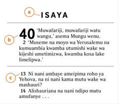 Andiko moja la Biblia linaonyeshwa wazi ili kutambulisha a) kitabu cha Biblia, b) sura, na c) mustari