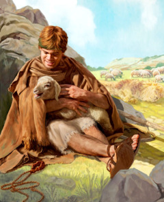 David ținând în brațe o oaie