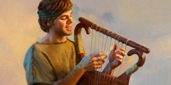 Mladý Dávid hrá na harfe