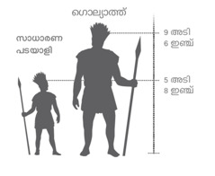 മല്ലനായ ഗൊല്യാത്തിന്‍റെ ഉയരവും ഒരു സാധാരണപടയാളിയുടെ ഉയരവും തമ്മിലുള്ള താരതമ്യം