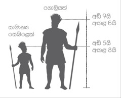 සාමාන්‍ය මනුෂ්‍යයෙකුගේ උස සහ ගොලියත්ගේ උස පෙන්වන රූපසටහනක්