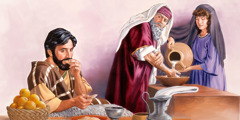 Ένας Φαρισαίος πλένει τελετουργικά τα χέρια του και κοιτάζει επικριτικά κάποιον άντρα που έχει ήδη αρχίσει να τρώει