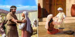 Iefte e sua figlia presso il tabernacolo; Anna tiene fede al voto fatto a Dio portando il piccolo Samuele al tabernacolo
