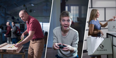 Ein Bruder macht Überstunden; ein Junge spielt ein Videospiel; eine Schwester beim Shoppen
