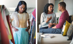 O soră tânără își alege hainele; un soț și o soție discută