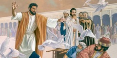 Jeesus heittää ulos kauppiaat, jotka ostavat ja myyvät temppelissä