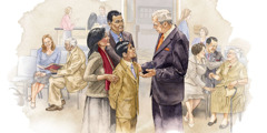 Zeugen Jehovas unterschiedlichen Alters und verschiedener Herkunft versammeln sich im Königreichssaal