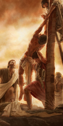 Néhány férfi leveszi Jézus holttestét a kínoszlopról