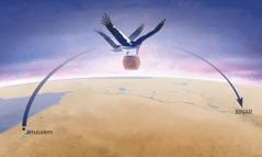 Dues dones amb ales de cigonya s’enduen volant el recipient que conté «la Perversitat» i la deixen a la terra de Xinar