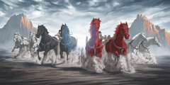 Horses of different colors pull chariots between two copper mountains
