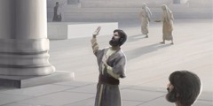 En man svär en ed i templet.