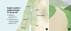 Mapa a mangipakita iti innem a siudad a pagkamangan iti Israel ken ti nasayaat ti pannakamantenerna a dalan