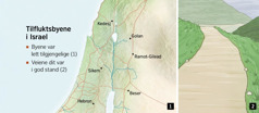 Et kart som viser de seks tilfluktsbyene i Israel, og en vei som er i god stand