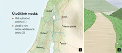 Mapa, na ktorej je vyznačených šesť útočištných miest v Izraeli, a obrázok dobre udržiavanej cesty