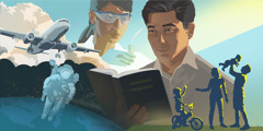 Egy asztronauta, egy repülőgép, egy tudós, egy család, és egy férfi, aki olvassa a Bibliát
