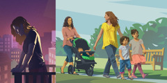 Žena preterano brine; žena se šeta s decom