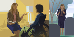 אישה אבלה בבית קברות; אישה המרותקת לכיסא גלגלים מקשיבה למסר המקראי