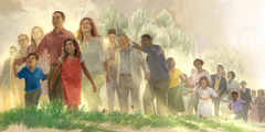 People of various races and ages walk toward the new world