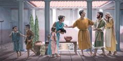 A family in Bible times welcomes another family to their home